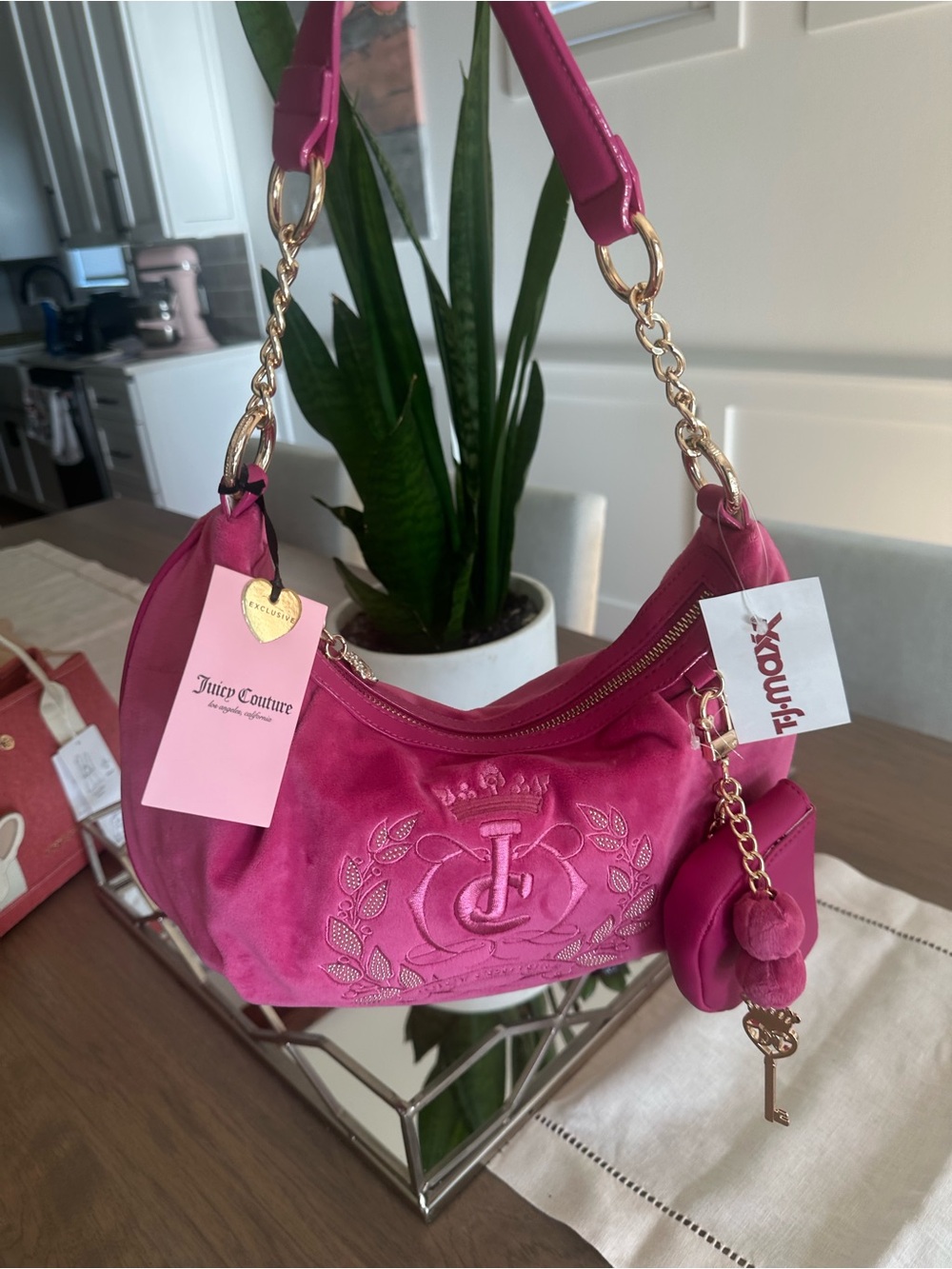 Juicy Couture Hot Pink Suede Shoulder Bag with Gold Chain Charm